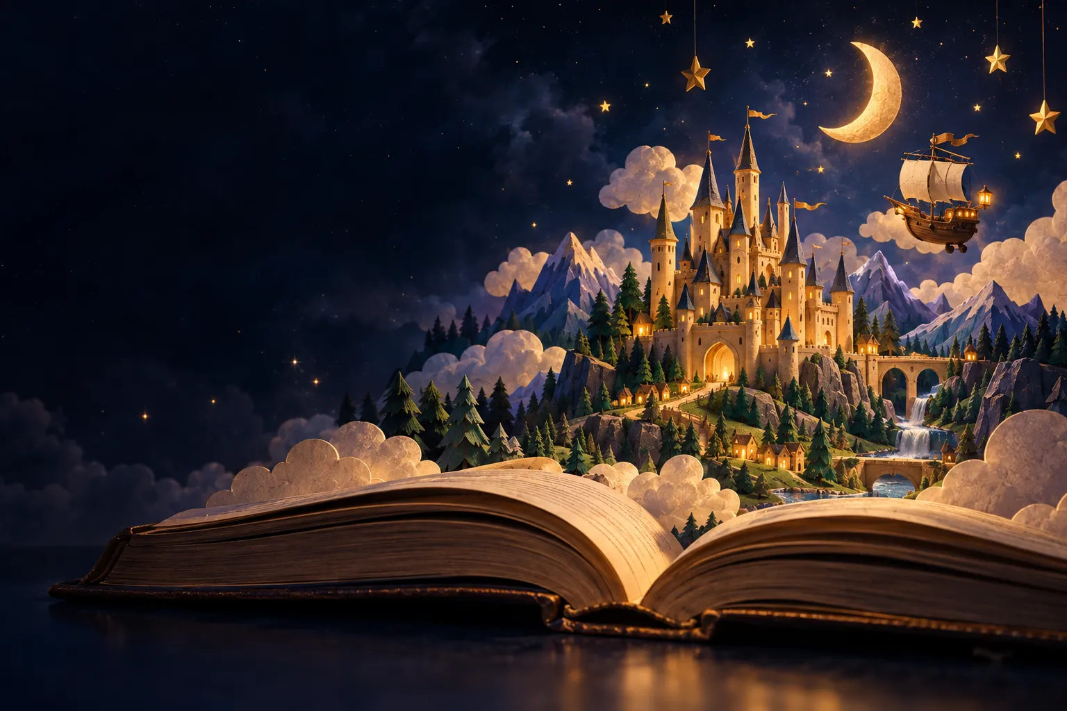 An open storybook unfolding into a tiny world of mountains, a golden castle, and a sailing ship in the night sky.